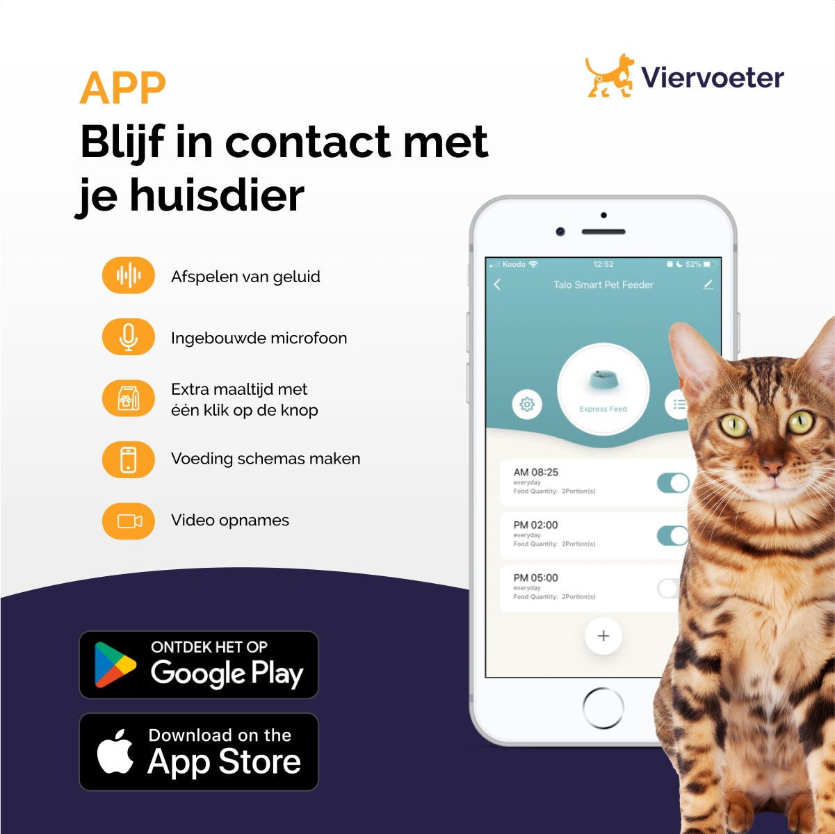 Viervoeter Voerautomaat - Camera en Audio - Automatische Voerbak Kat of Hond - Voerautomaat Kat - Zwart