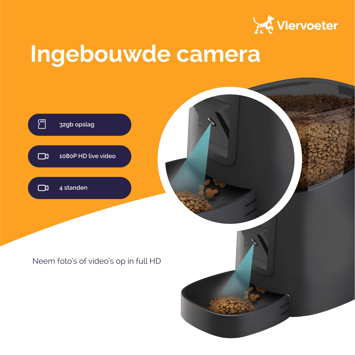 Viervoeter Voerautomaat - Camera en Audio - Automatische Voerbak Kat of Hond - Voerautomaat Kat - Zwart