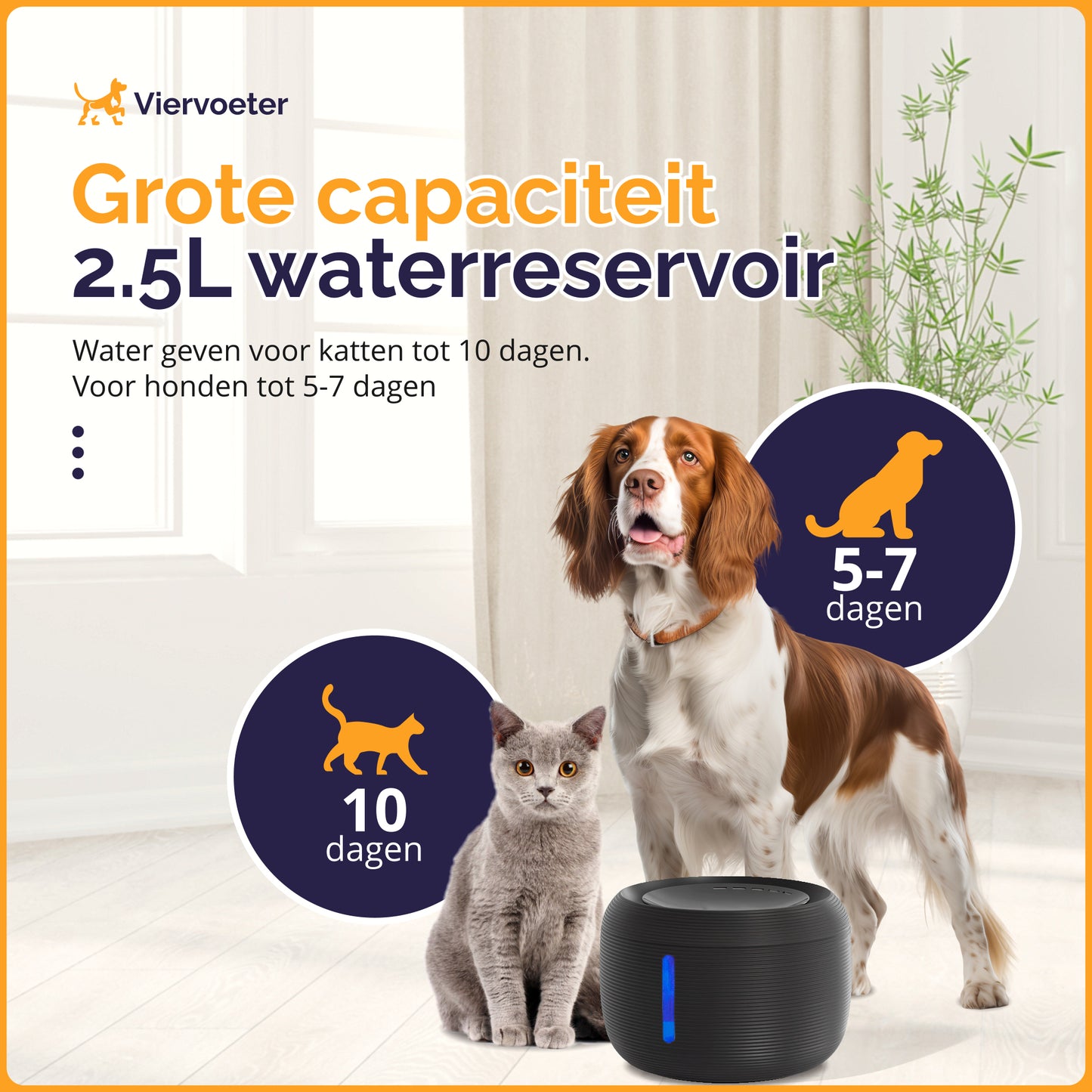 Ronde Waterfontein voor Katten en Honden - 2,5L - geruisloos - Incl. filter - Zwart