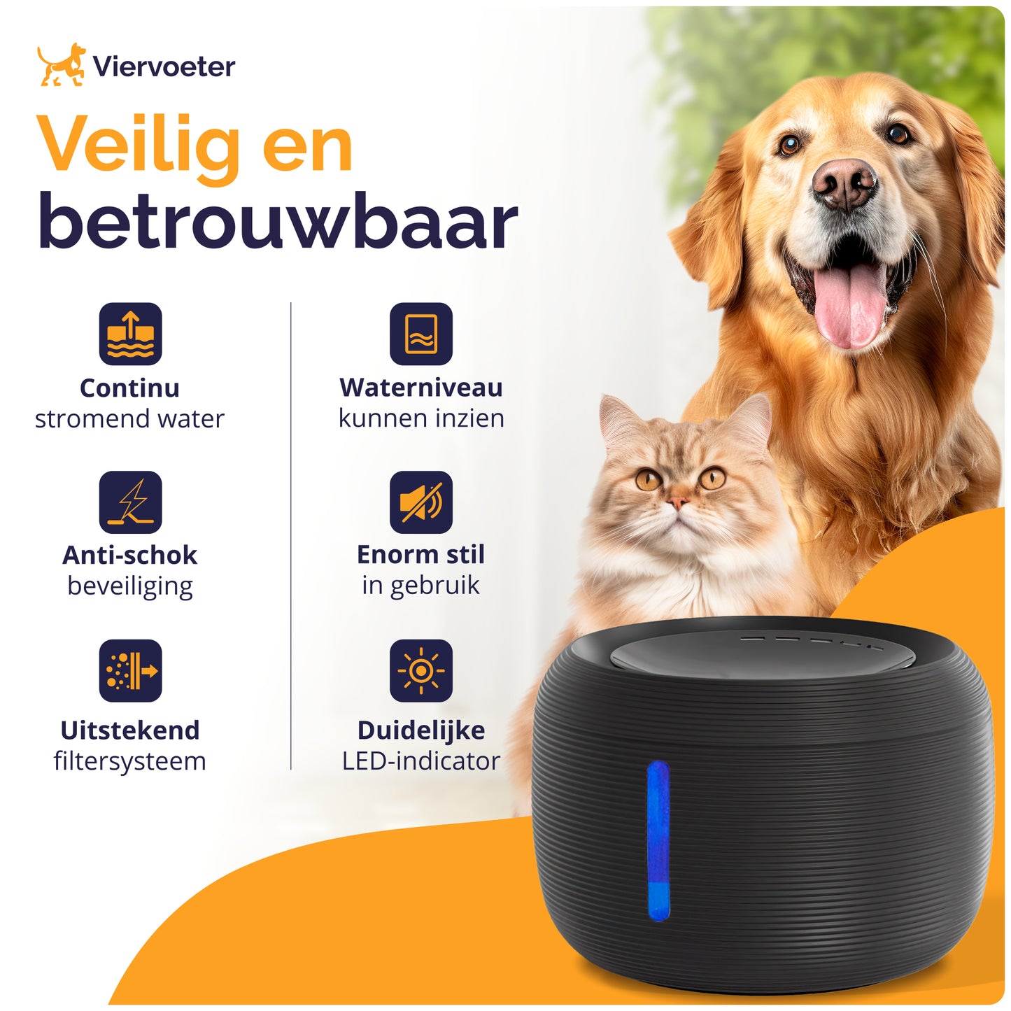 Ronde Waterfontein voor Katten en Honden - 2,5L - geruisloos - Incl. filter - Zwart